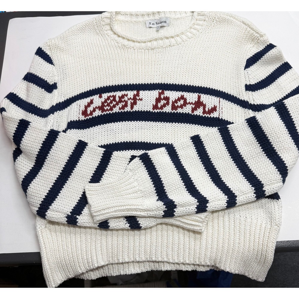 En Saison C'est Bon Sweater White Red Blue Stripes Cotton Size XL